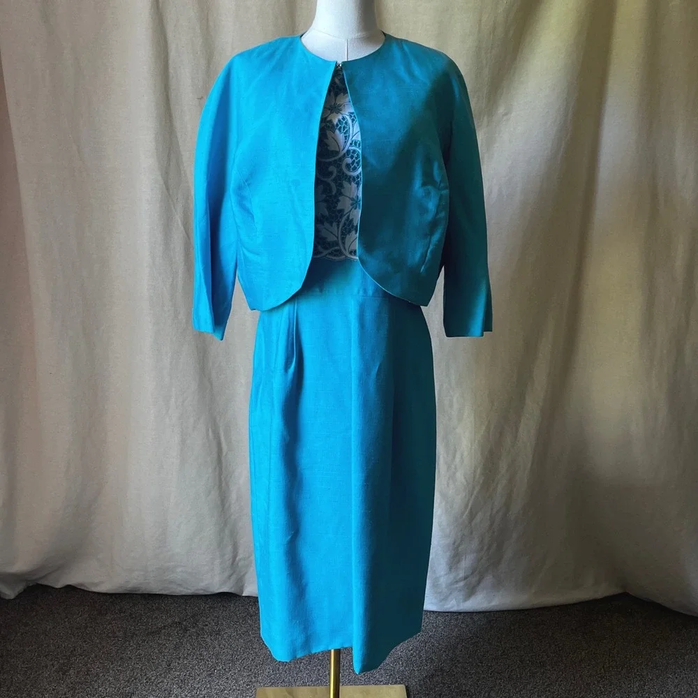 1960s Turquoise Blue‎ Lace Wiggle Dress Set Jackie O Style Matching Jacket L